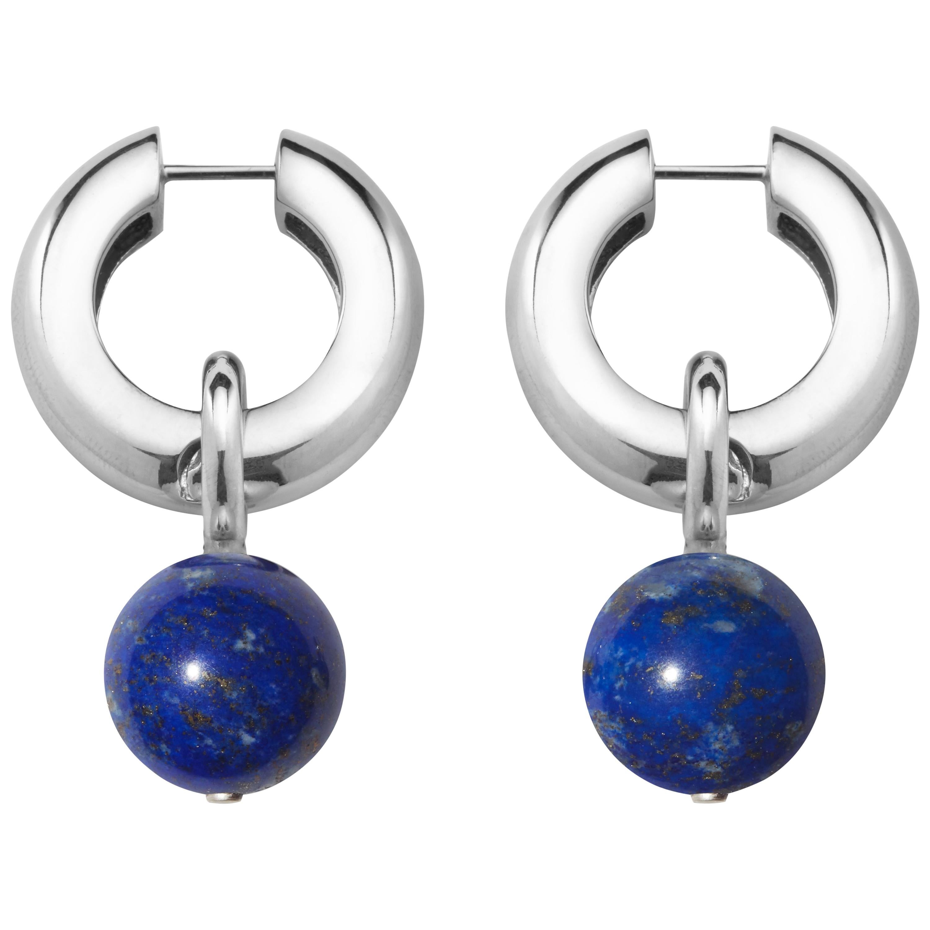 AGMES Sterling Silver Hinge Hoop Drop Earrings with Removable Lapis Bead For Sale