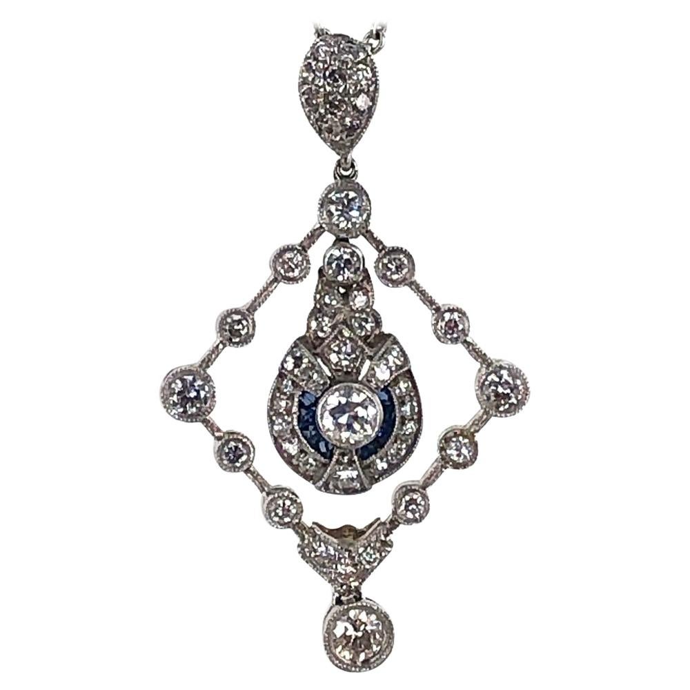 1950s Diamond Sapphire 18 Karat White Gold Pendant Necklace