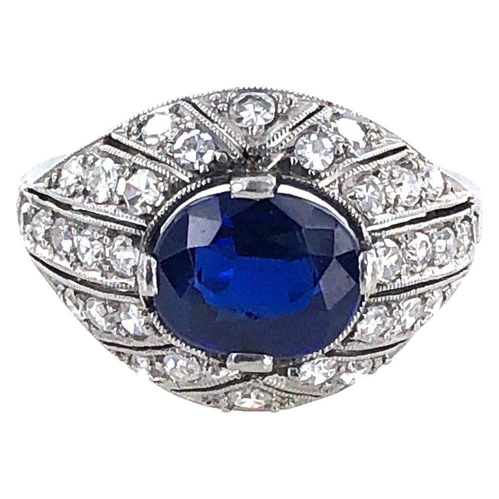 Art Deco Diamond Natural No Heat Blue Sapphire Platinum Cocktail Ring