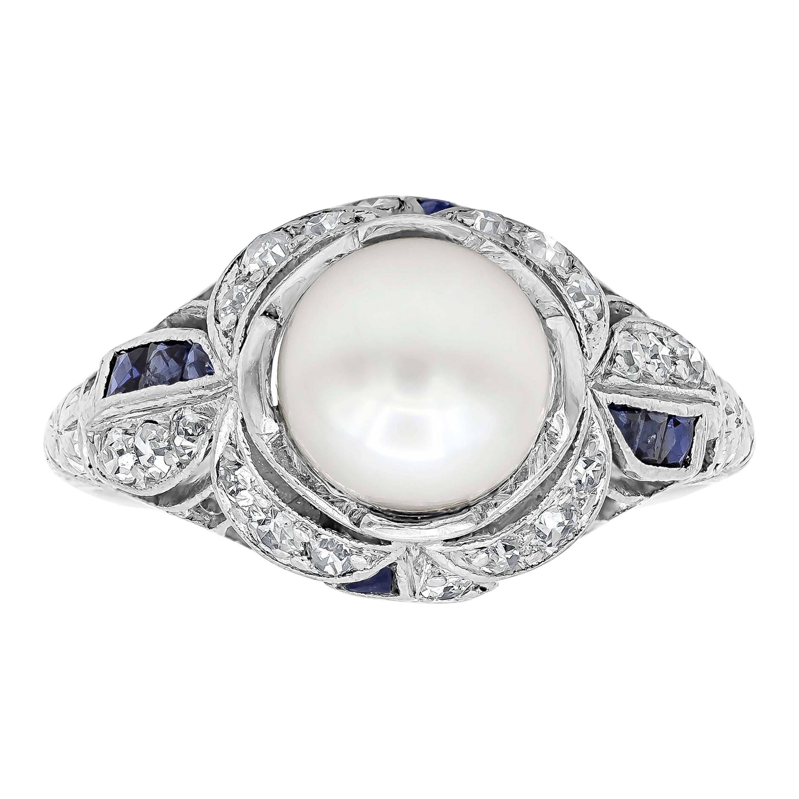 Roman Malakov Pearl and Round Diamond with Blue Sapphire Art Deco Antique Ring  For Sale