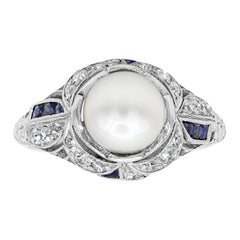 Pearl and Round Diamond with Blue Sapphire Art Deco Antique Ring
