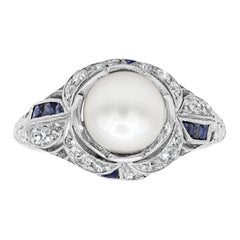 Roman Malakov Pearl and Round Diamond with Blue Sapphire Art Deco Vintage Ring 