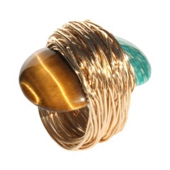 Tiger Eye and Amazonite in Gold Statement Cocktail Ring