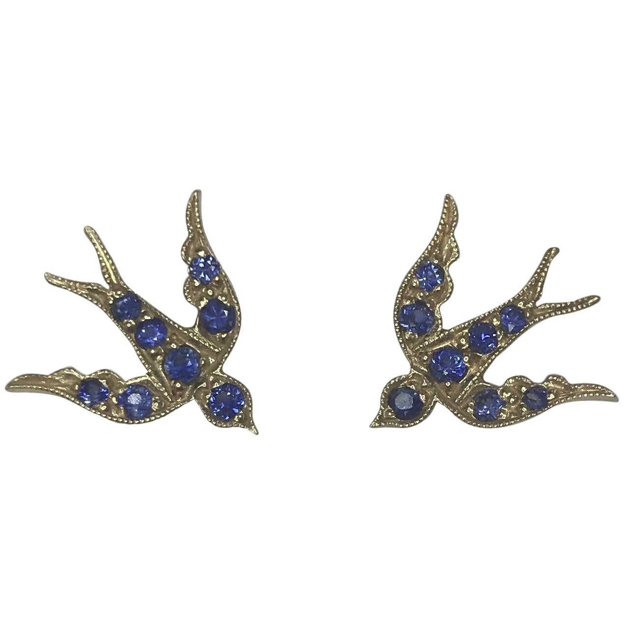 Sapphire Bird Stud Swallow Earrings Yellow Gold Blackbird and the Snow Vogue For Sale