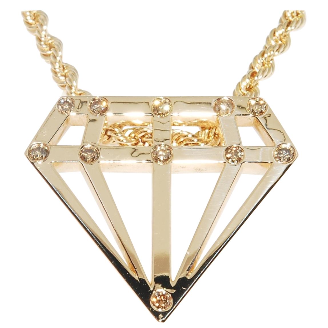 Diamond Shaped Gold and Diamond Pendant in 14 Karat Yellow Gold For Sale