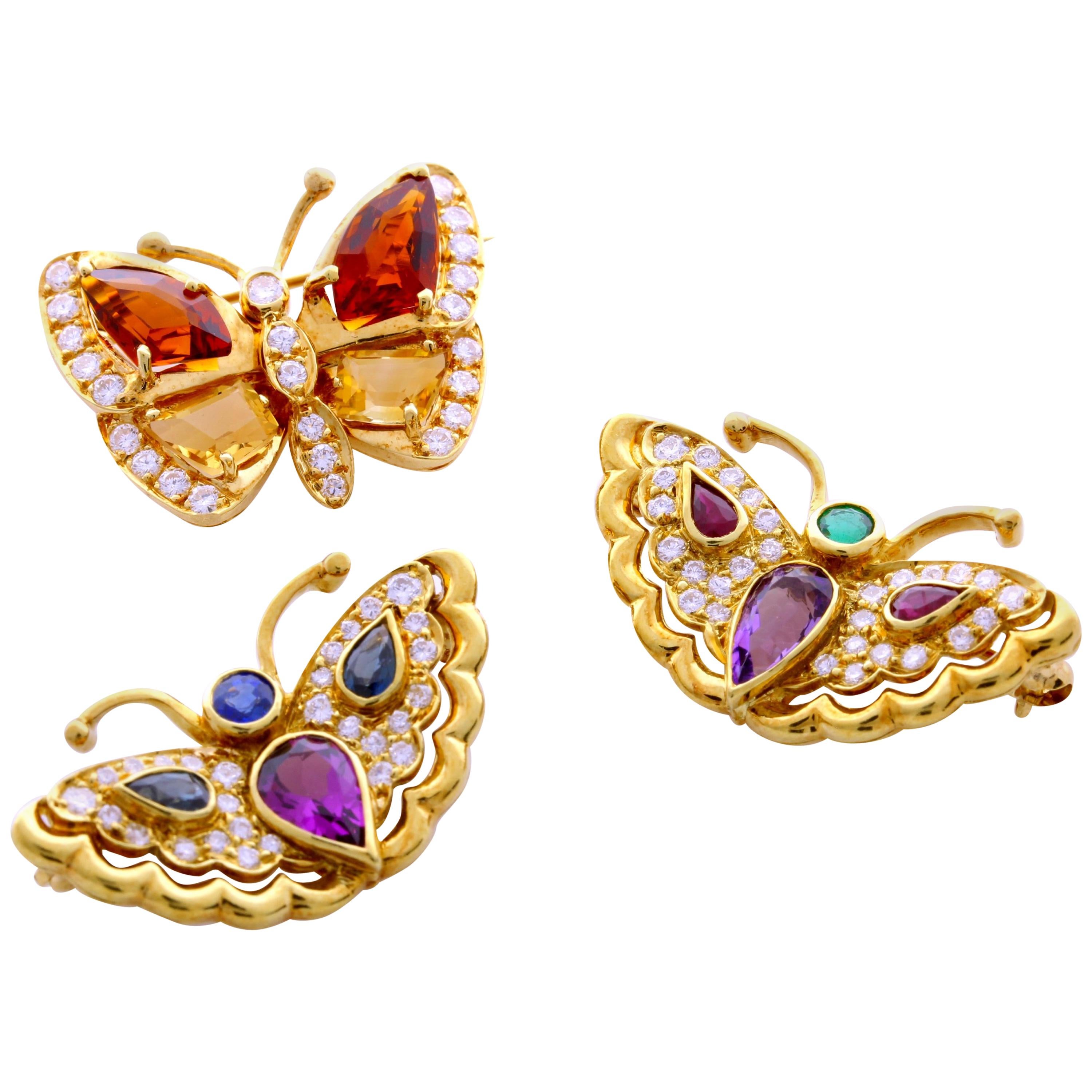 Set of 3 18 Karat Yellow Gold Genuine Color Stone Diamond Butterfly Brooches For Sale