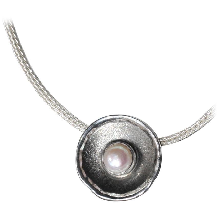 Yianni Creations Pearl Fine Silver and Black Rhodium Round Pendant  For Sale