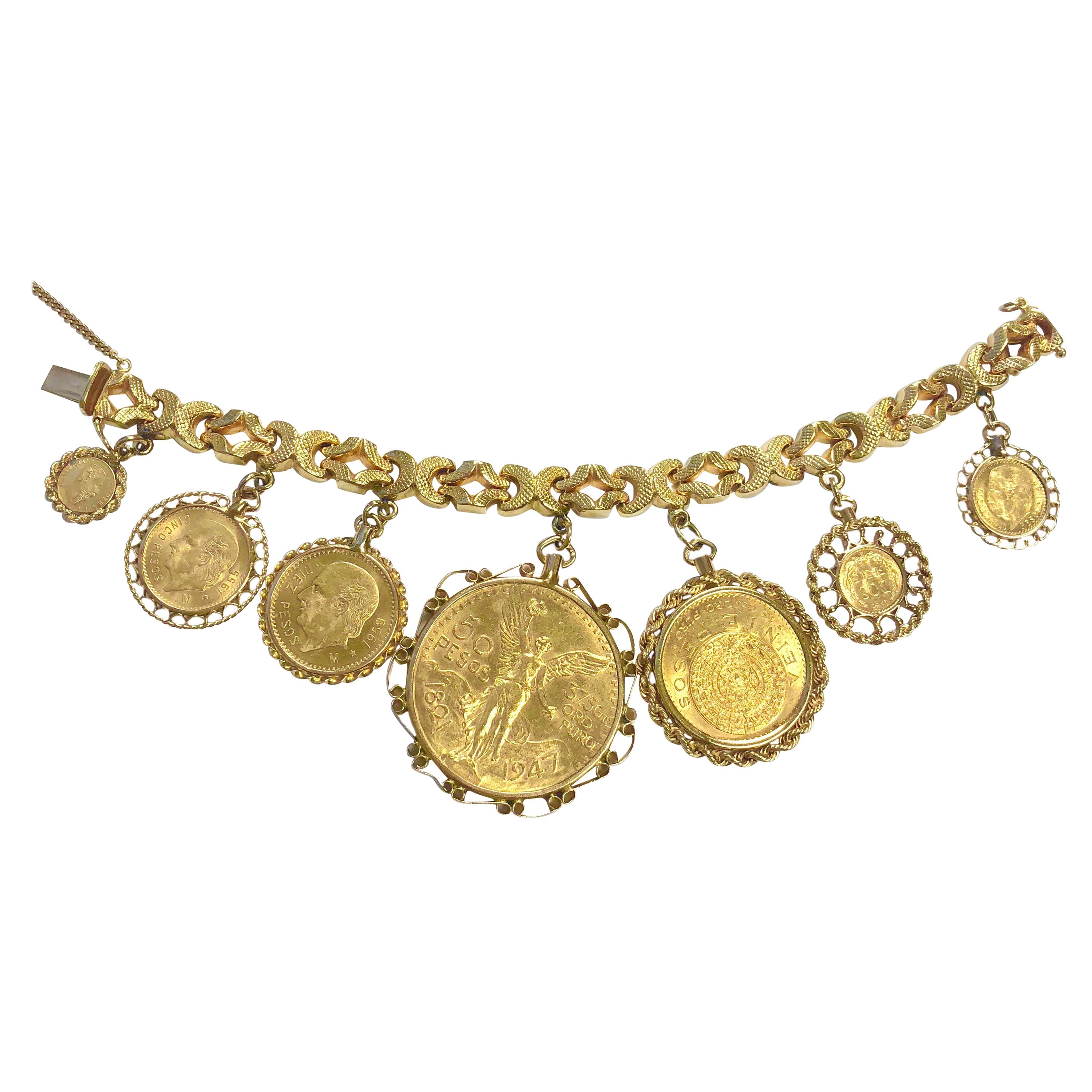 Vintage Mexican Gold Coins Seven Charms Bracelet
