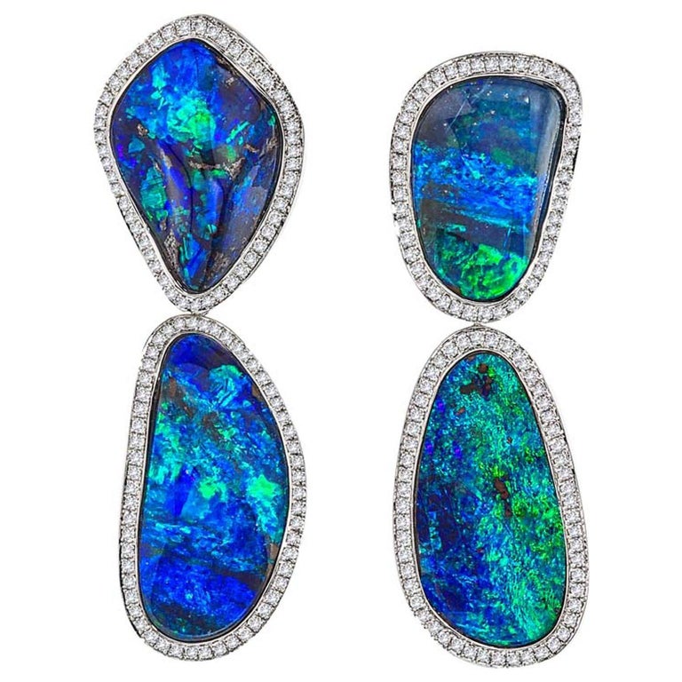 Opal and Diamond Drop Earrings 18 Karat White Gold For Sale at 1stDibs