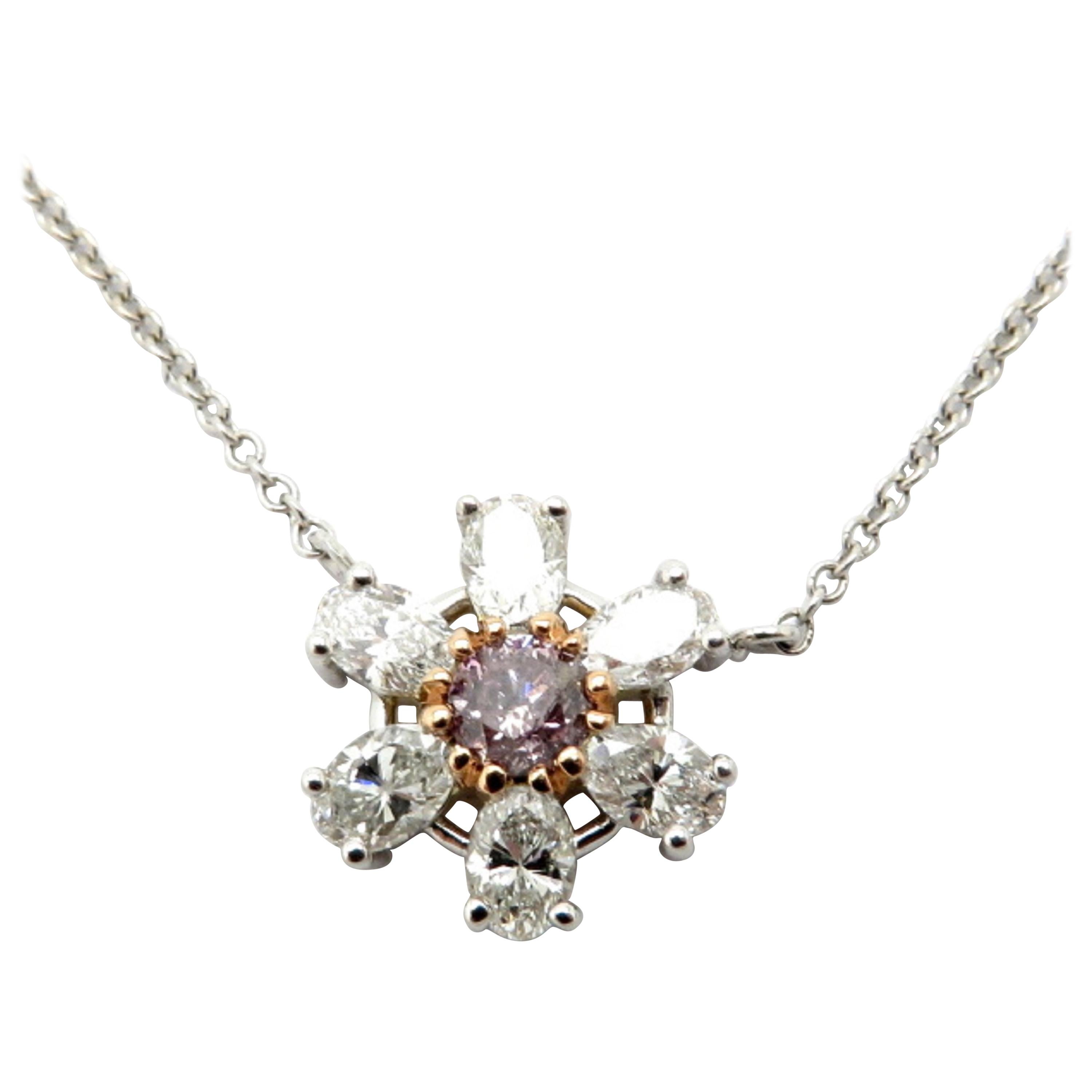 Estate 18 Karat White Gold Pink and White Diamond Daisy Flower Fashion Necklace For Sale