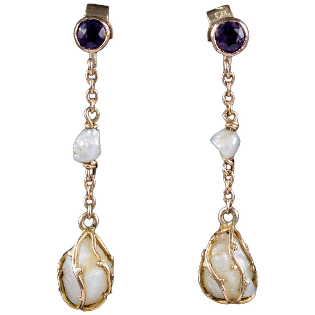 Antique Victorian Amethyst Baroque Pearl Drop Earrings 9 Carat Gold, circa 1900 For Sale