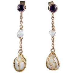 Antique Victorian Amethyst Baroque Pearl Drop Earrings 9 Carat Gold, circa 1900