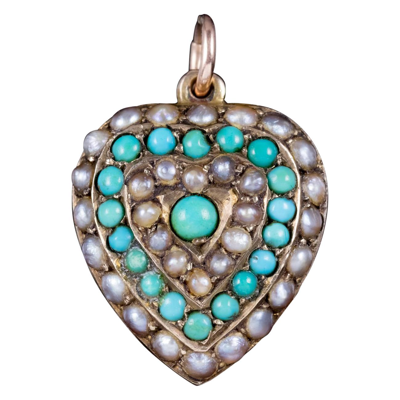 Antique Victorian Turquoise Pearl Heart Pendant Locket 18 Carat Gold, circa 1900 For Sale