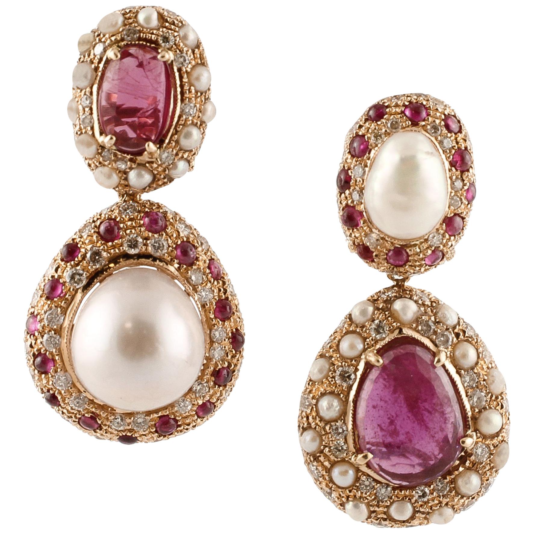 Baroque Pearls, Rubies, Diamonds, 14 Karat Rose Gold Retro Dangle Earrings