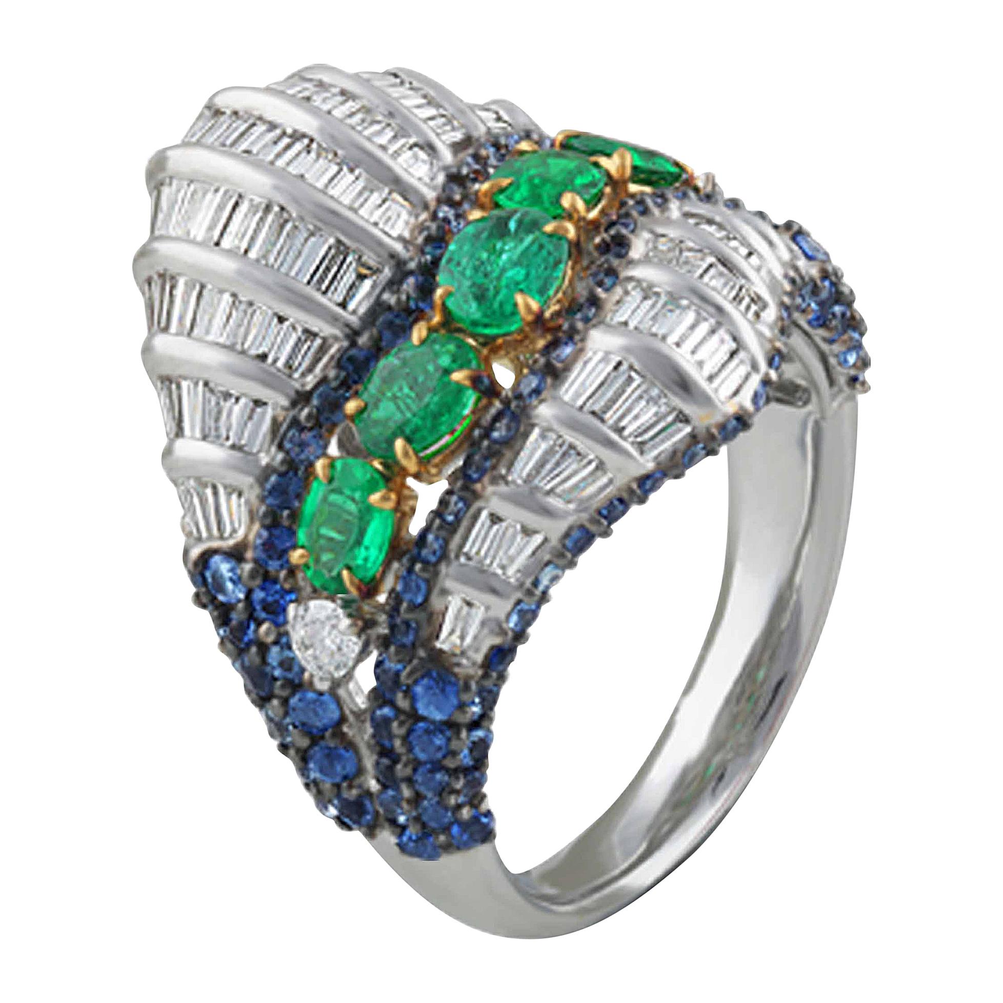 Studio Rêves Baguette Diamond with Emerald and Blue Sapphire Wave Cocktail Ring  For Sale