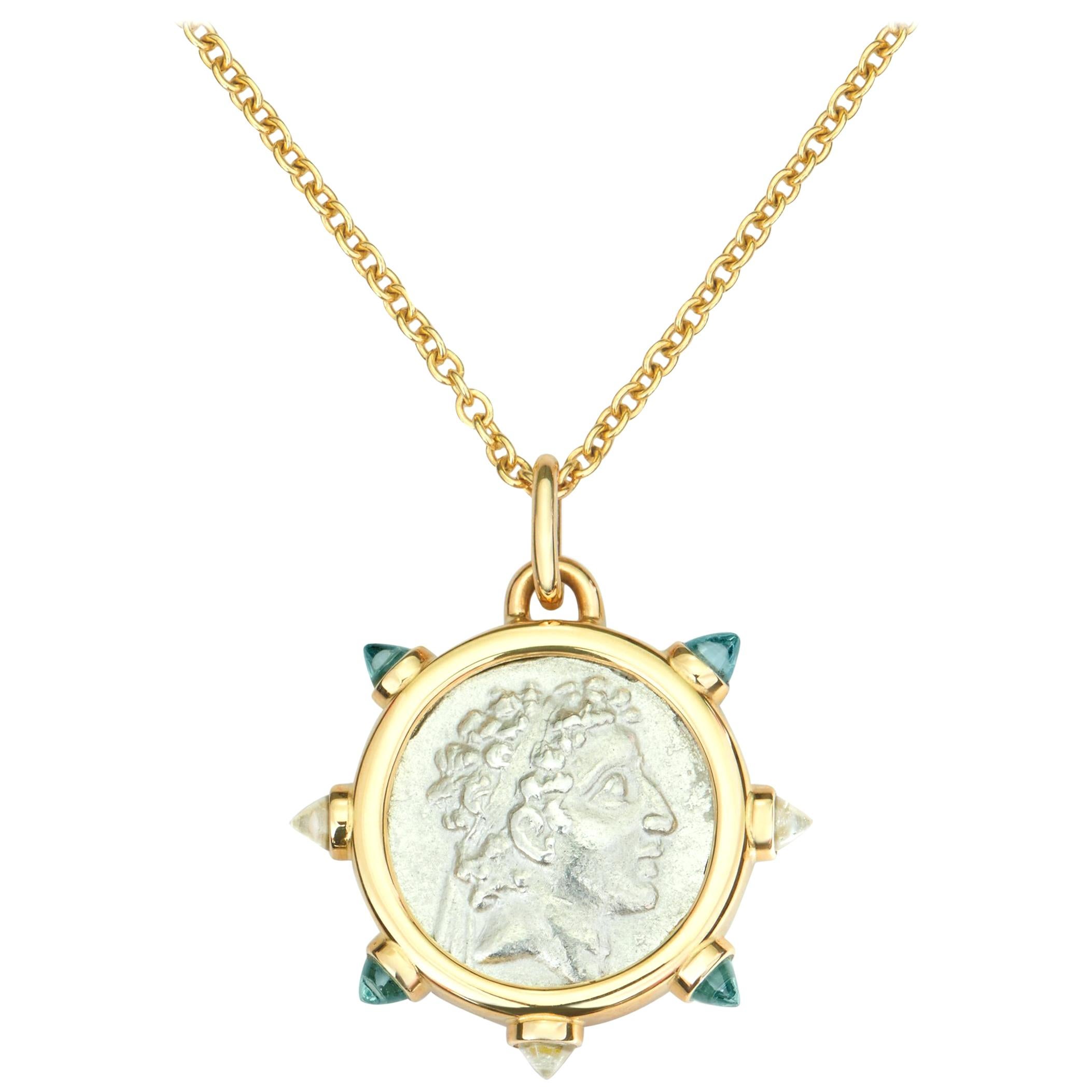 Dubini King of Cappadocia Silver Coin Pendant Topaz 18 Karat Gold Necklace