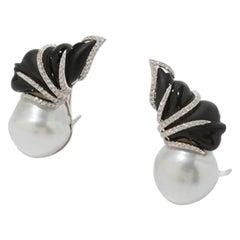Onyx South Sea Cultured Pearl Earrings Clips, 750 White Gold