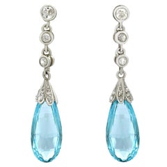 Antique 9.15 Carat Aquamarine and Diamond White Gold and Platinum Earrings