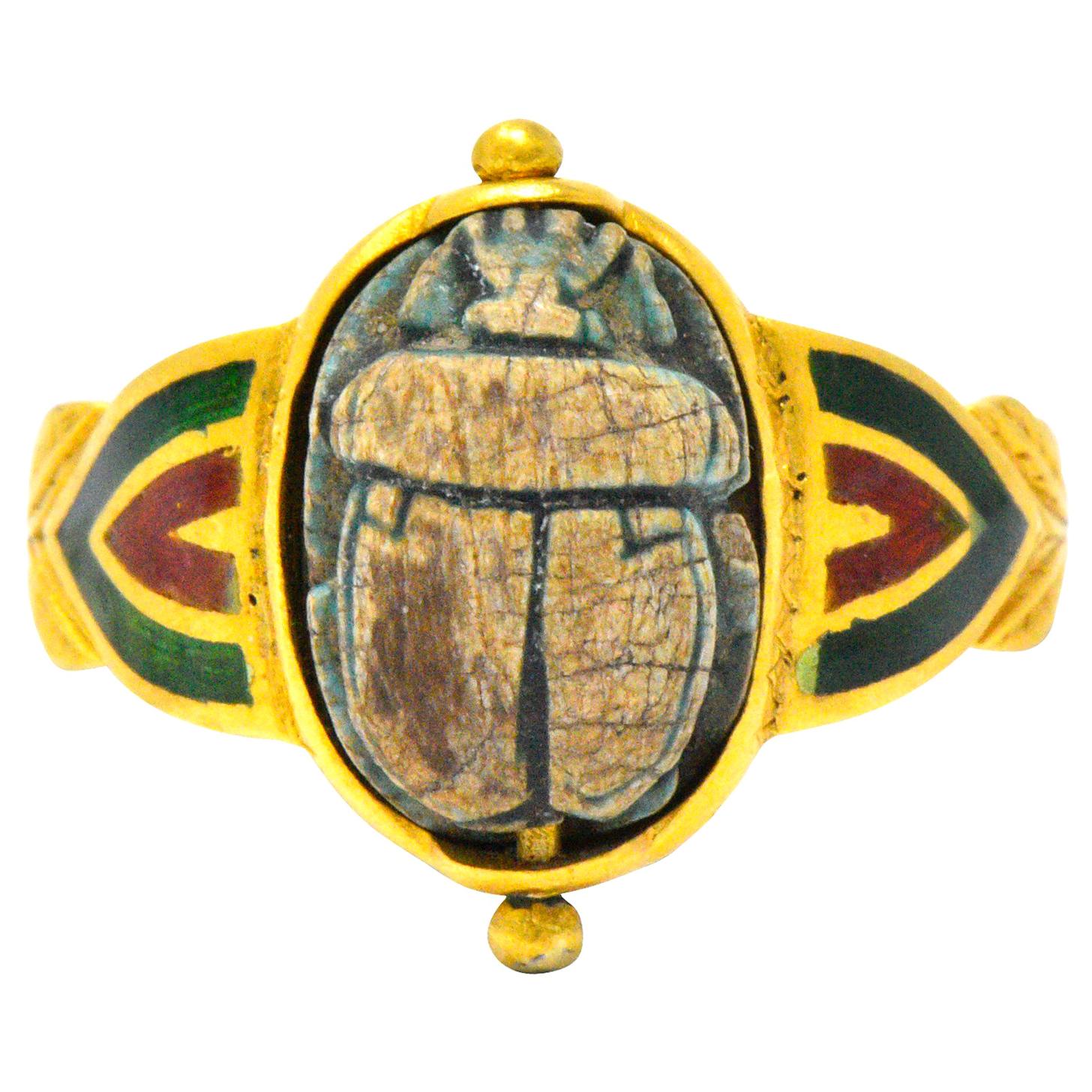 Egyptian Revival Scarab Enamel 14 Karat Gold Ring