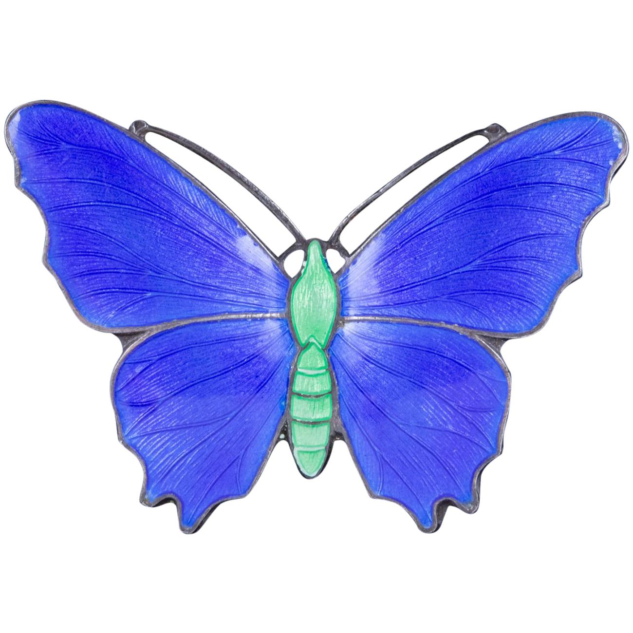 Antique Victorian Blue Enamel Butterfly Brooch Sterling Silver, circa 1900
