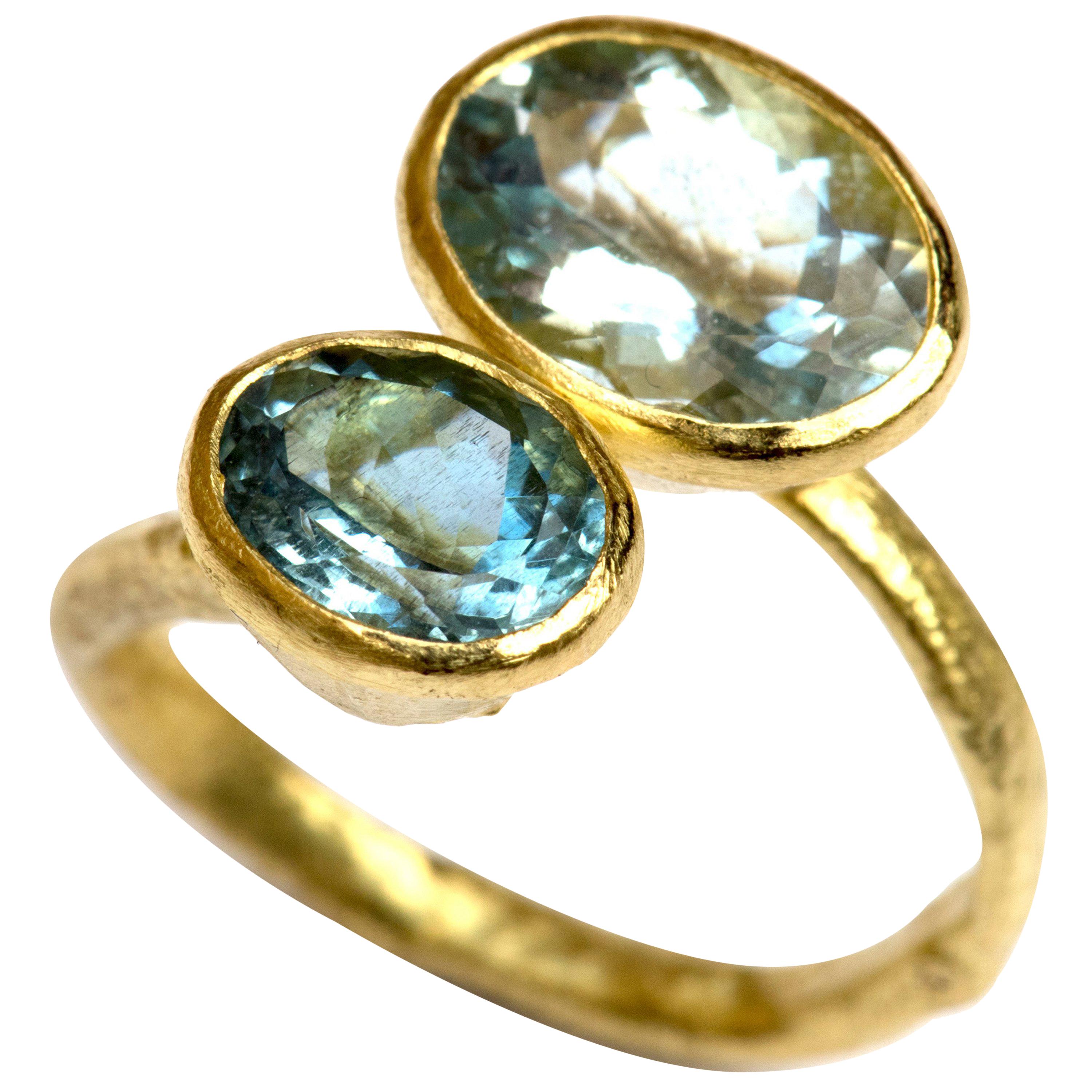 Double Oval Aquamarine 18 Karat Gold Textured Ring Handmade by Disa Allsopp For Sale