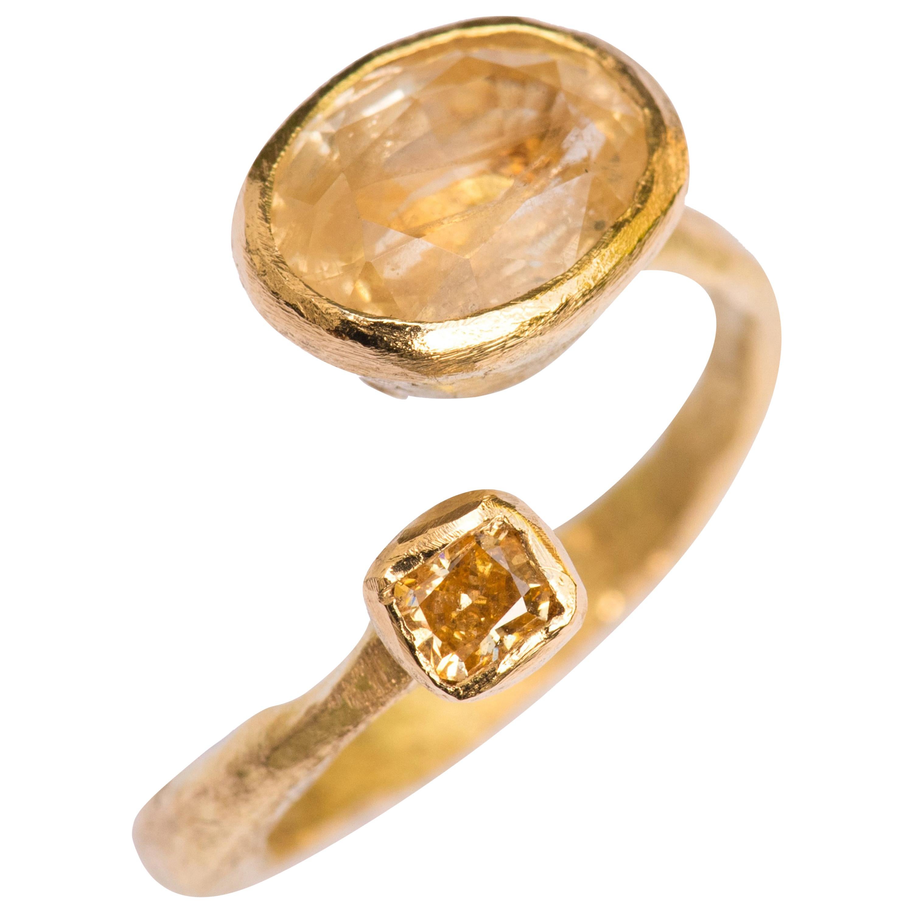 Yellow Sapphire and Diamond 18 Karat Gold Handmade Ring by Disa Allsopp For Sale