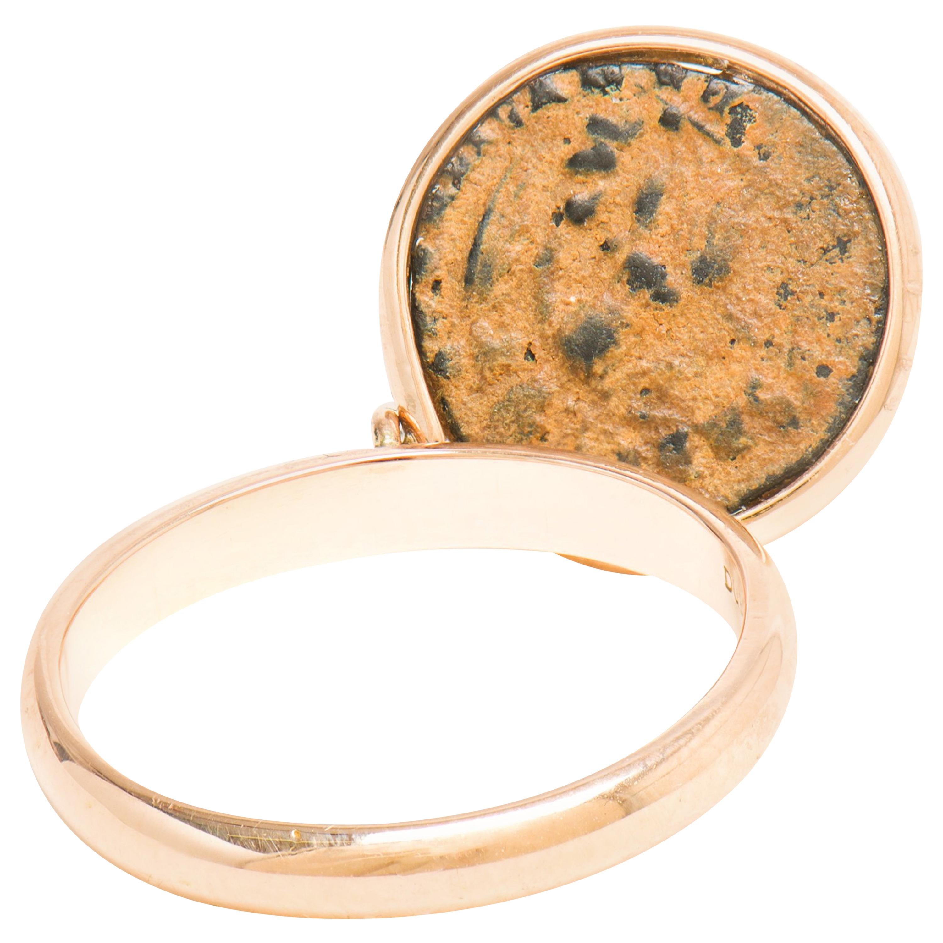 Dubini Emperor Flip Ancient Bronze Coin 18 Karat Rose Gold Ring For Sale