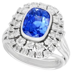 French 5.40 Carat Ceylon Sapphire 1.45 Carat Diamond White Gold Cluster Ring
