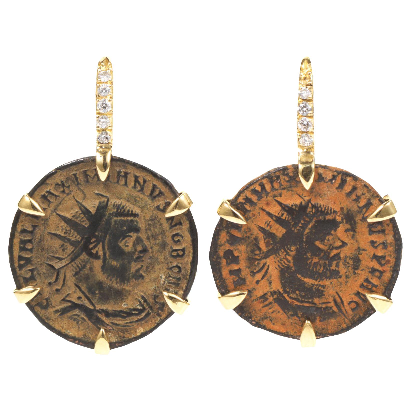 Dubini Empires Ancient Bronze Coins Diamond 18 Karat Yellow Gold Earrings