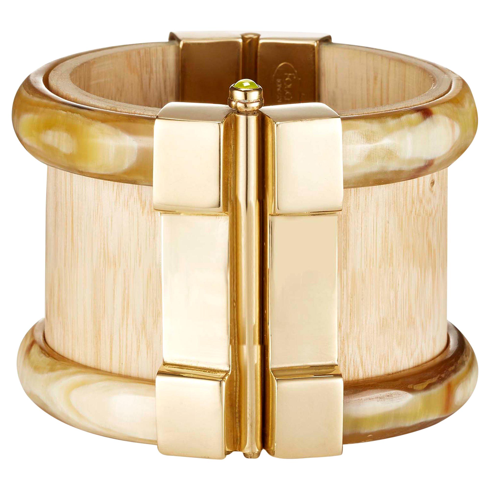 Cuff Bracelet Gold Bespoke Horn Wood Ruby Emerald Fire Opal For Sale