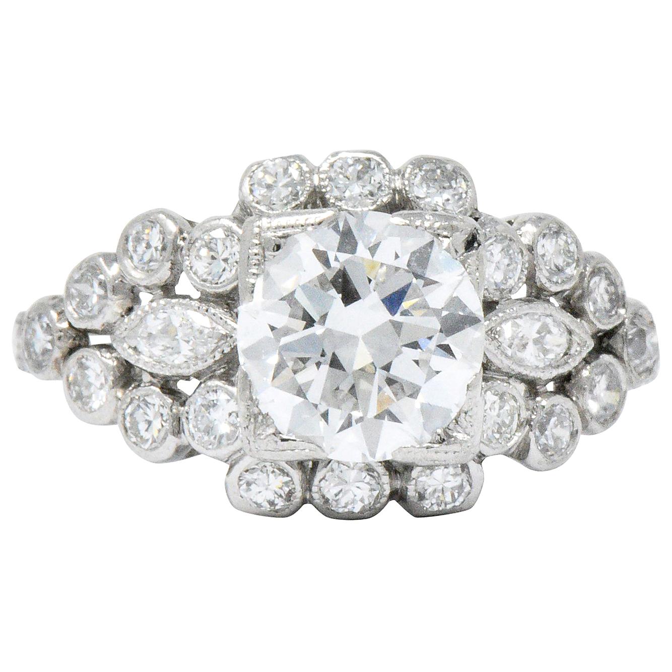 Art Deco 1.69 Carat Diamond Platinum Cluster Engagement Ring GIA