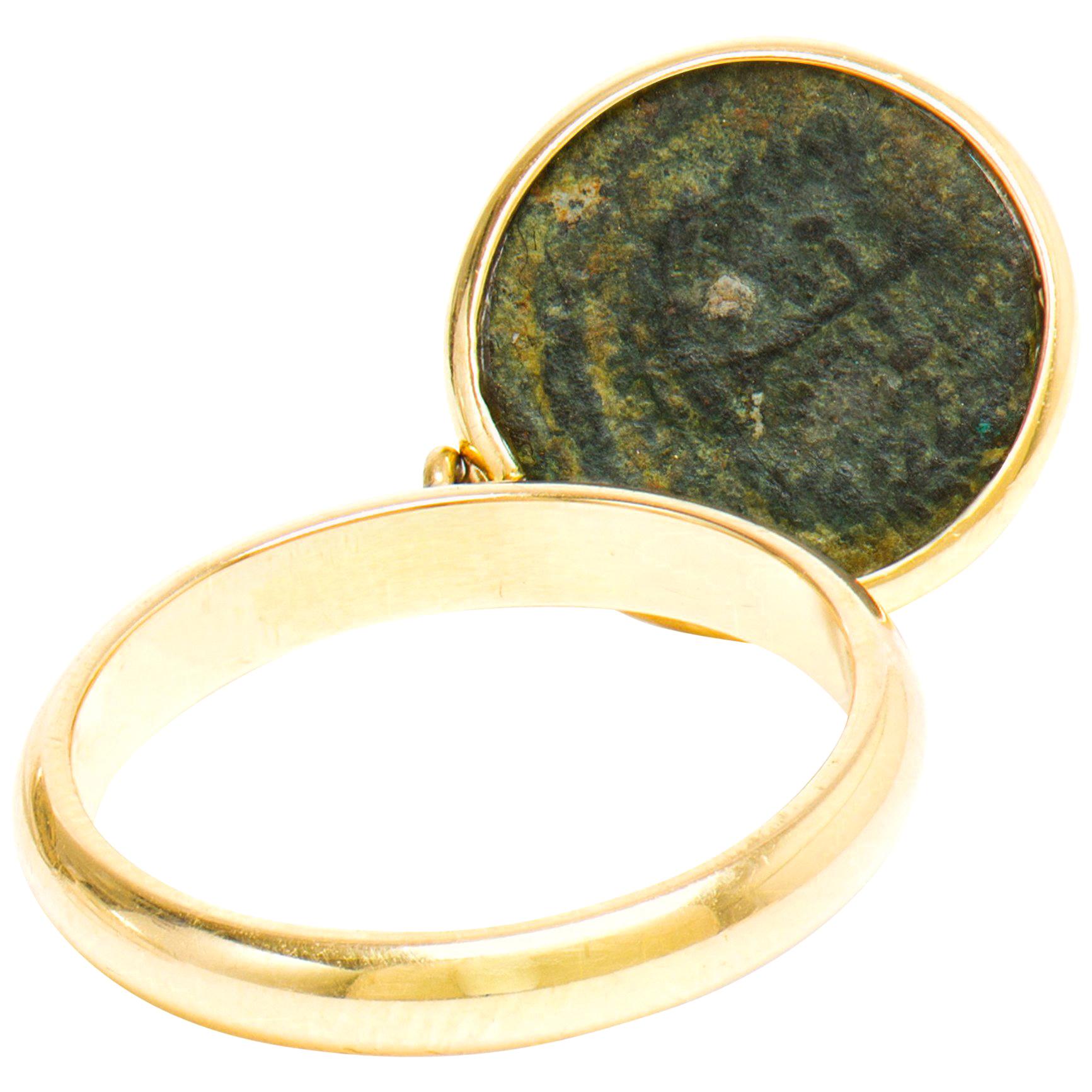 Dubini Emperor Flip Ancient Roman Bronze Coin 18 Karat Yellow Gold Ring For Sale
