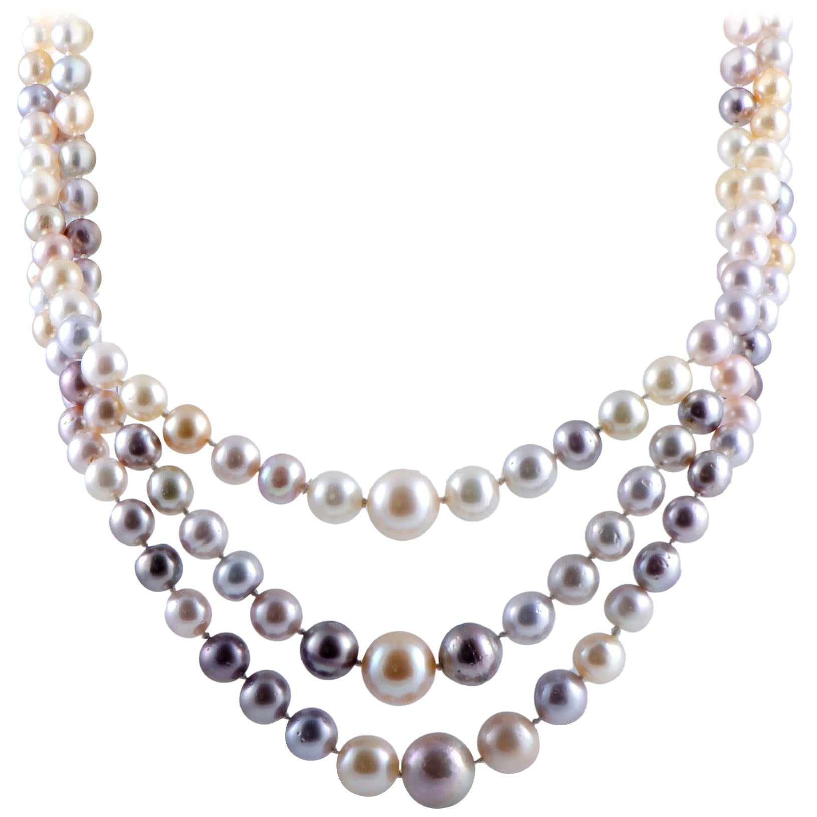 Diamond and Gold, Grey, Pink and Black Pearls Platinum Multi-Strand Necklace