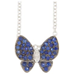 Jona Blue Sapphire White Diamond 18 Karat White Gold Butterfly Pendant Necklace