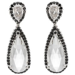 Vintage Estate Black Diamond White Quartz Earrings 18 Karat Gold Pear Rose Cut Jewelry