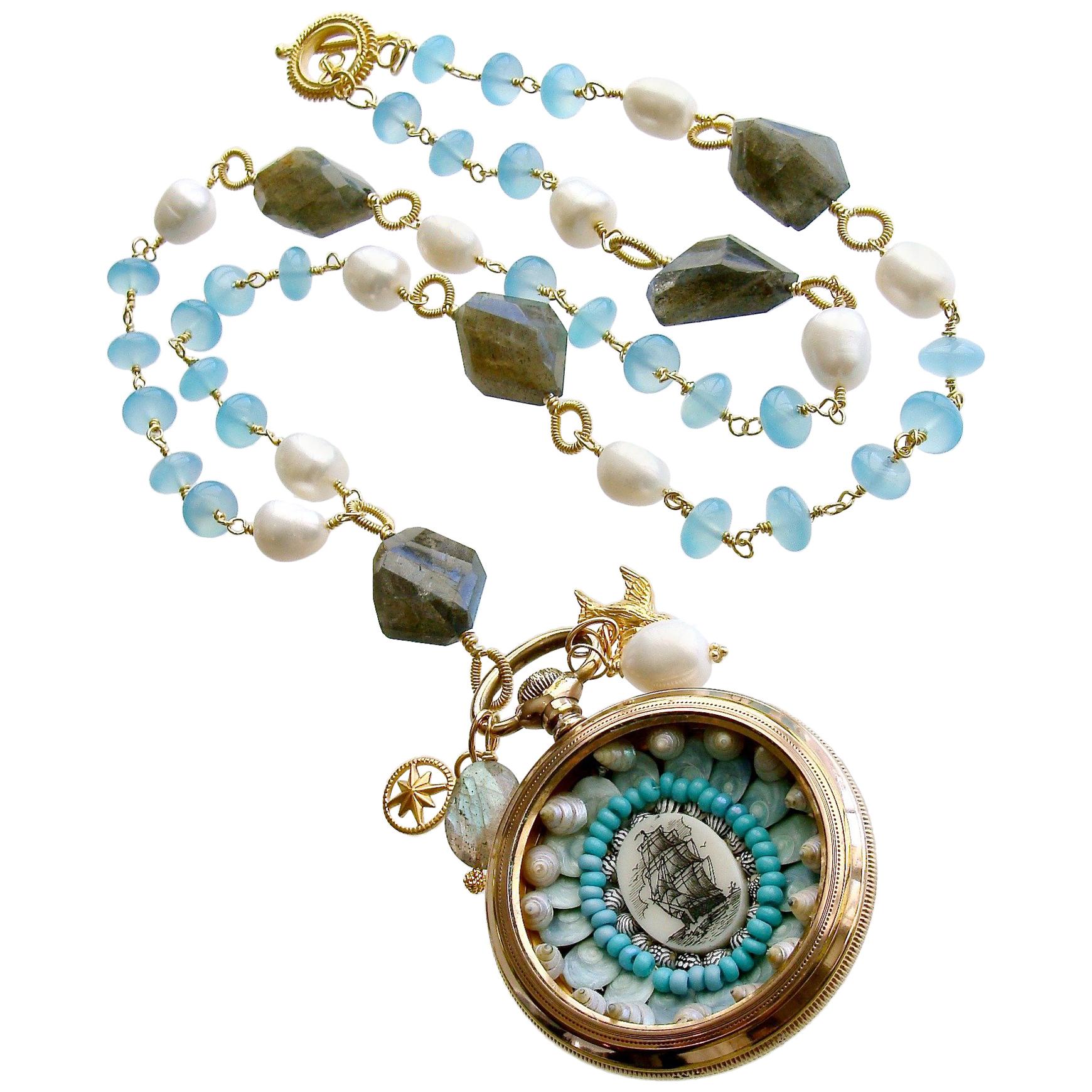 Sailor’s Valentine Pocket Watch Aqua Chalcedony Labradorite Necklace, Antigua