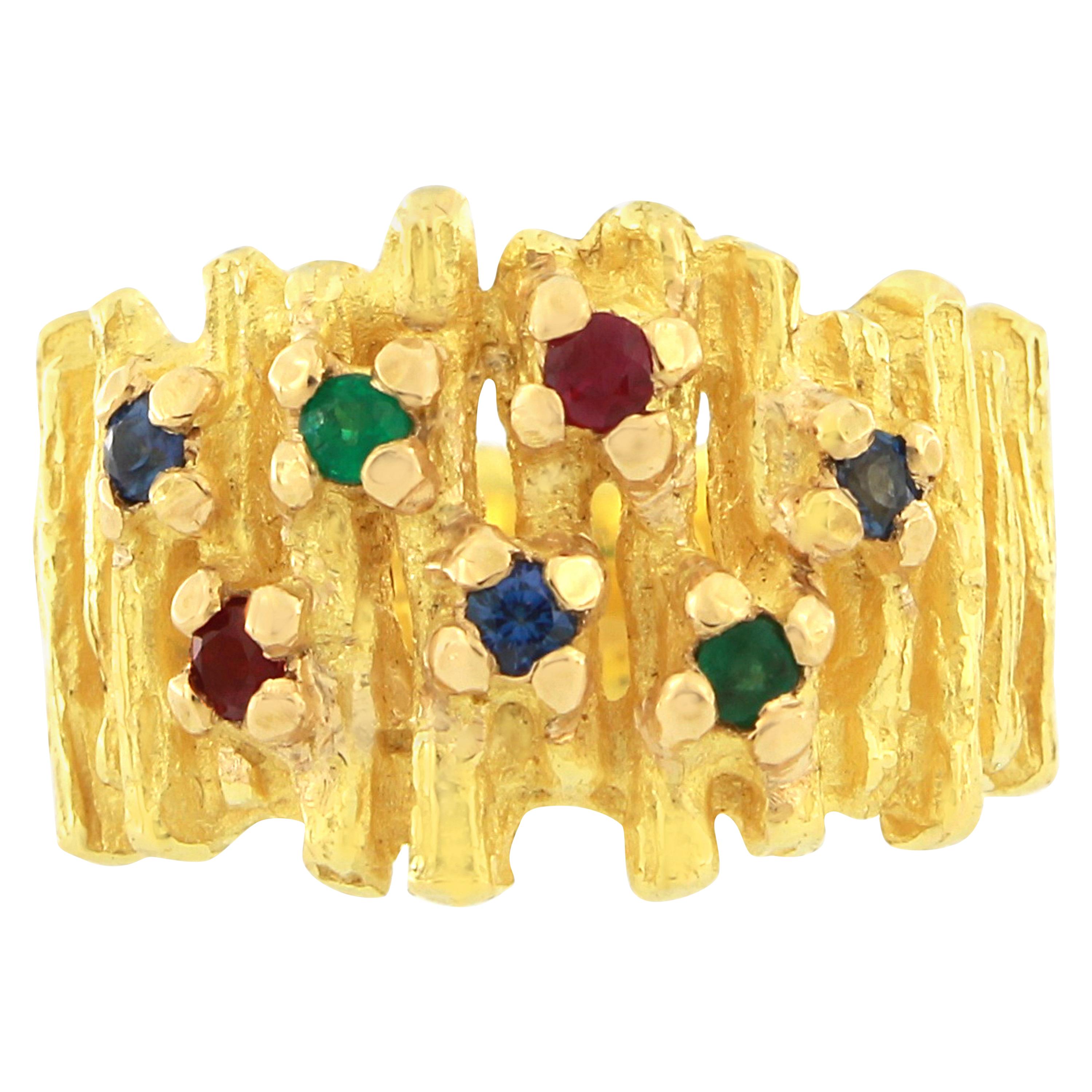 Sacchi Ruby Emerald and Blue Sapphire Gemstone 18 Karat Gold Cocktail Ring