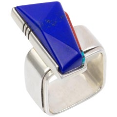 Richard Chavez Lapis Lazuli Coral Turquoise and Sterling Silver Ring 1982