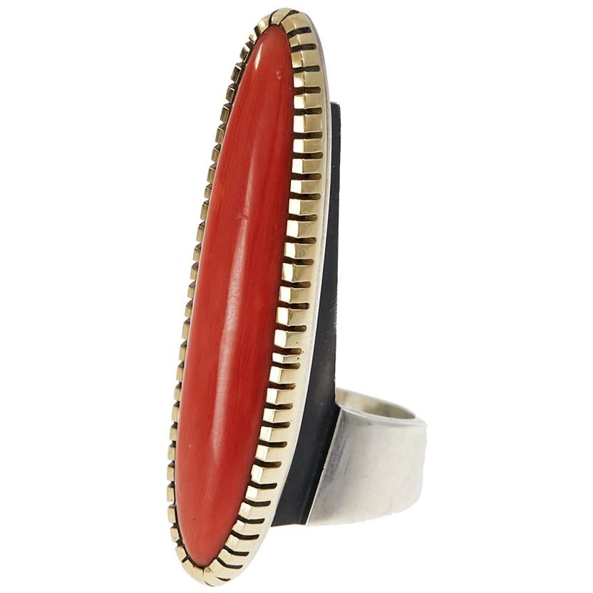 1980s Charles Loloma Coral, Gold and Sterling Silver Ring