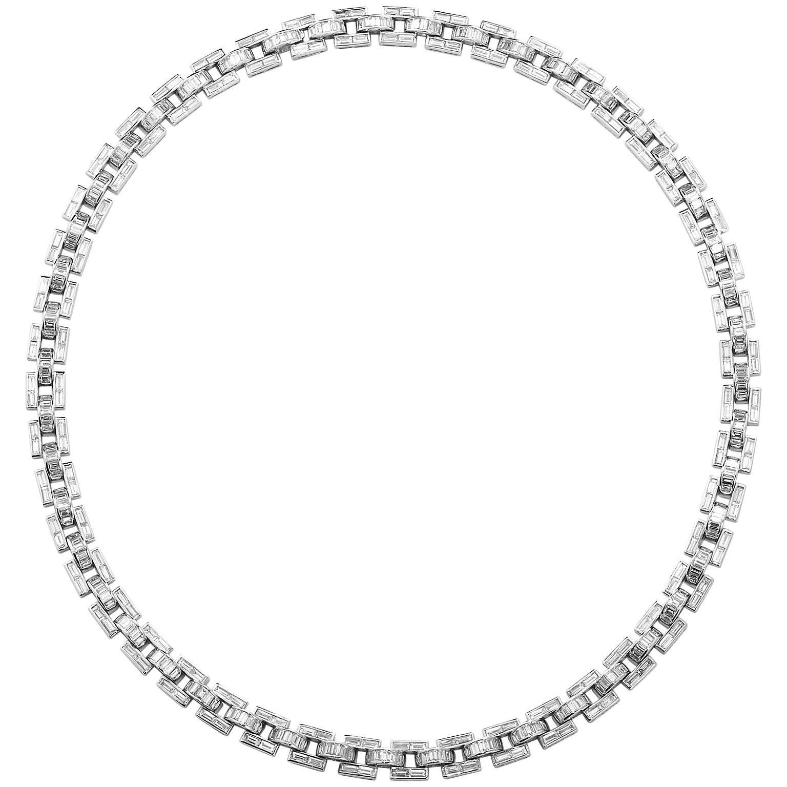 Diamond Baguette in White Gold Link Necklace 18 Carat