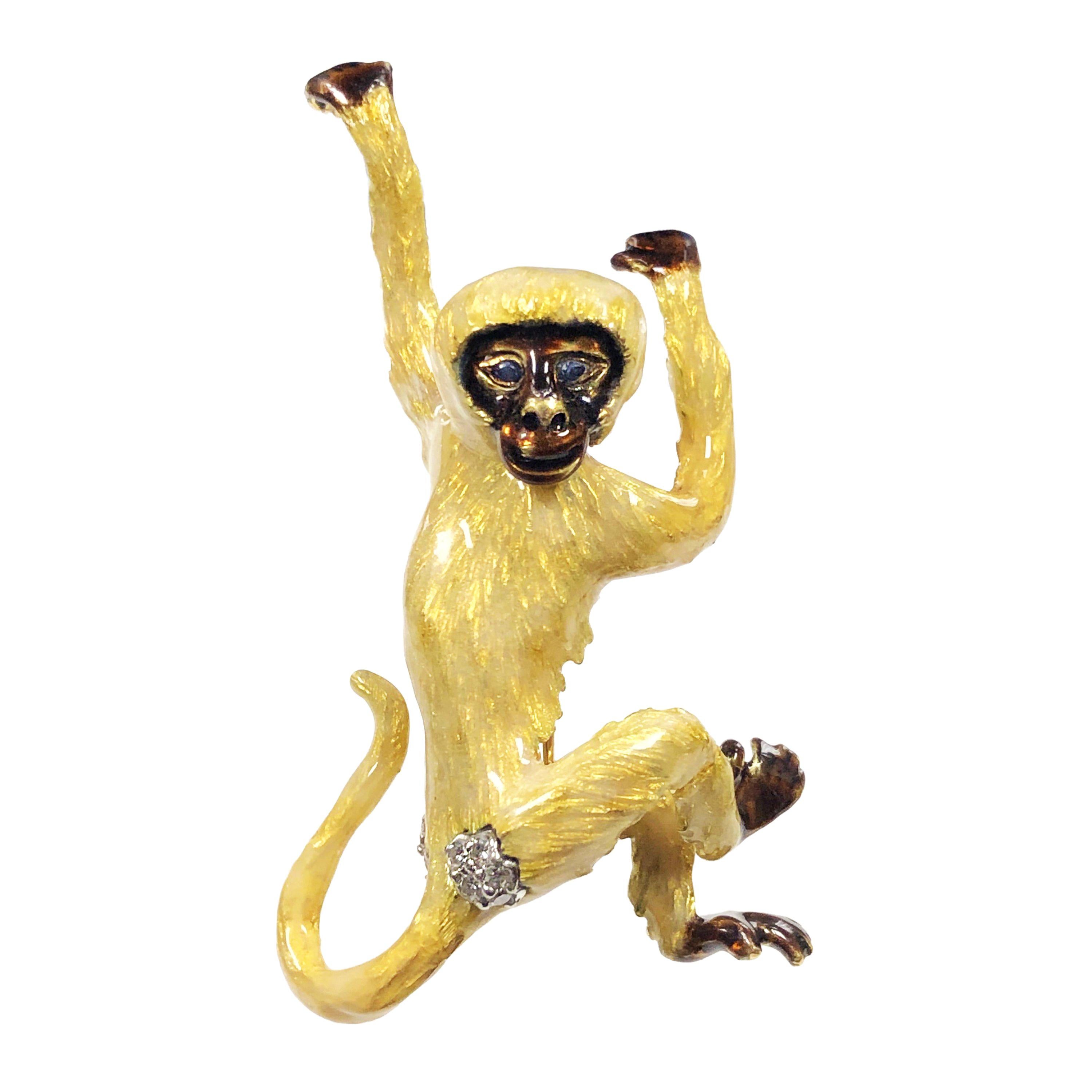 Tiffany & Co. Whimsical Yellow Gold Enamel and Gem Set Monkey Brooch For Sale