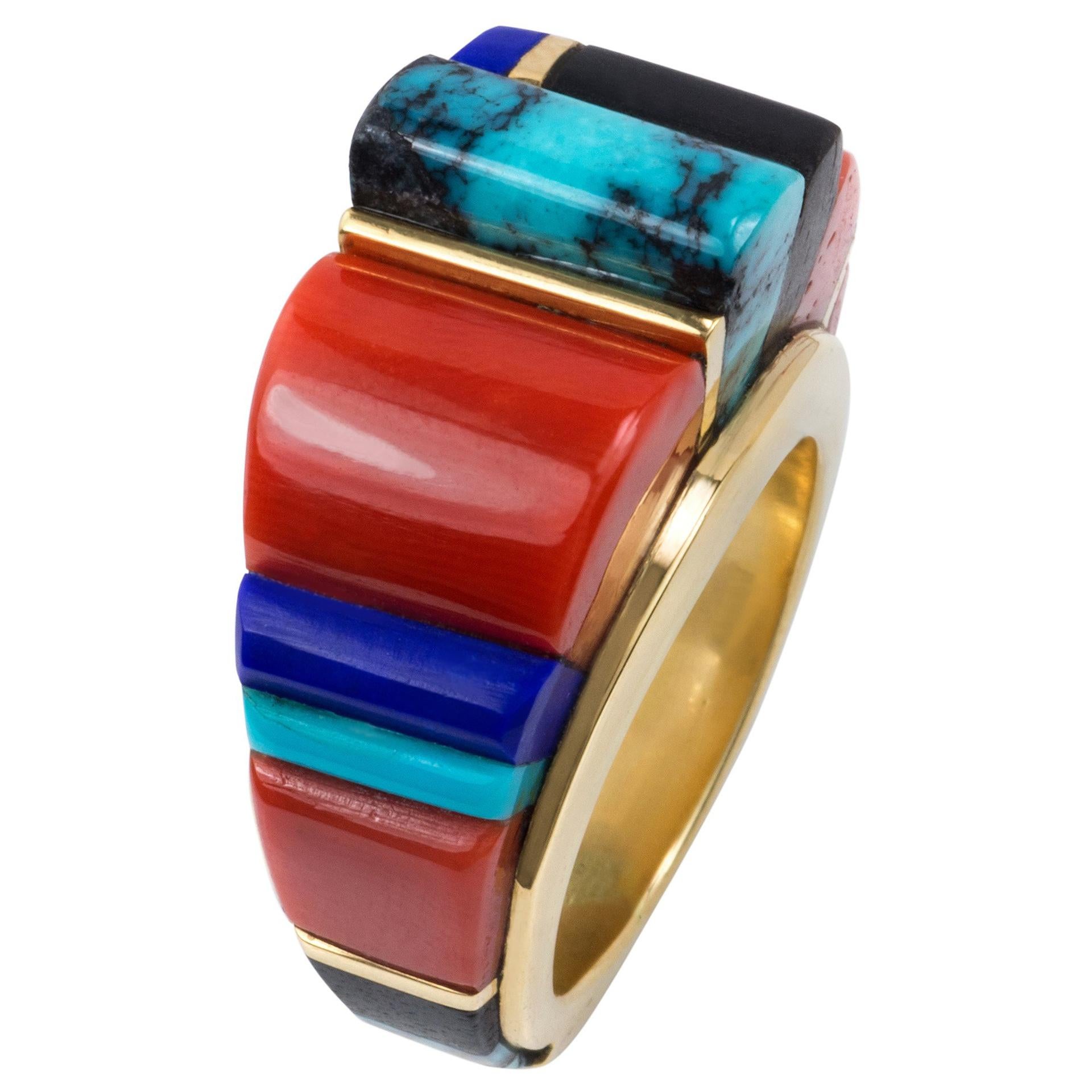 2018 Verma Nequetewa ‘Sonwai’ Coral, Turquoise, Lapis, Wood and Gold Ring
