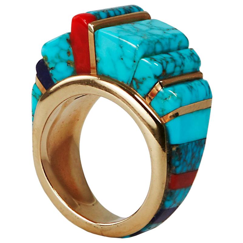 1980s Charles Loloma Lapis, Turquoise, Coral and Gold Ring