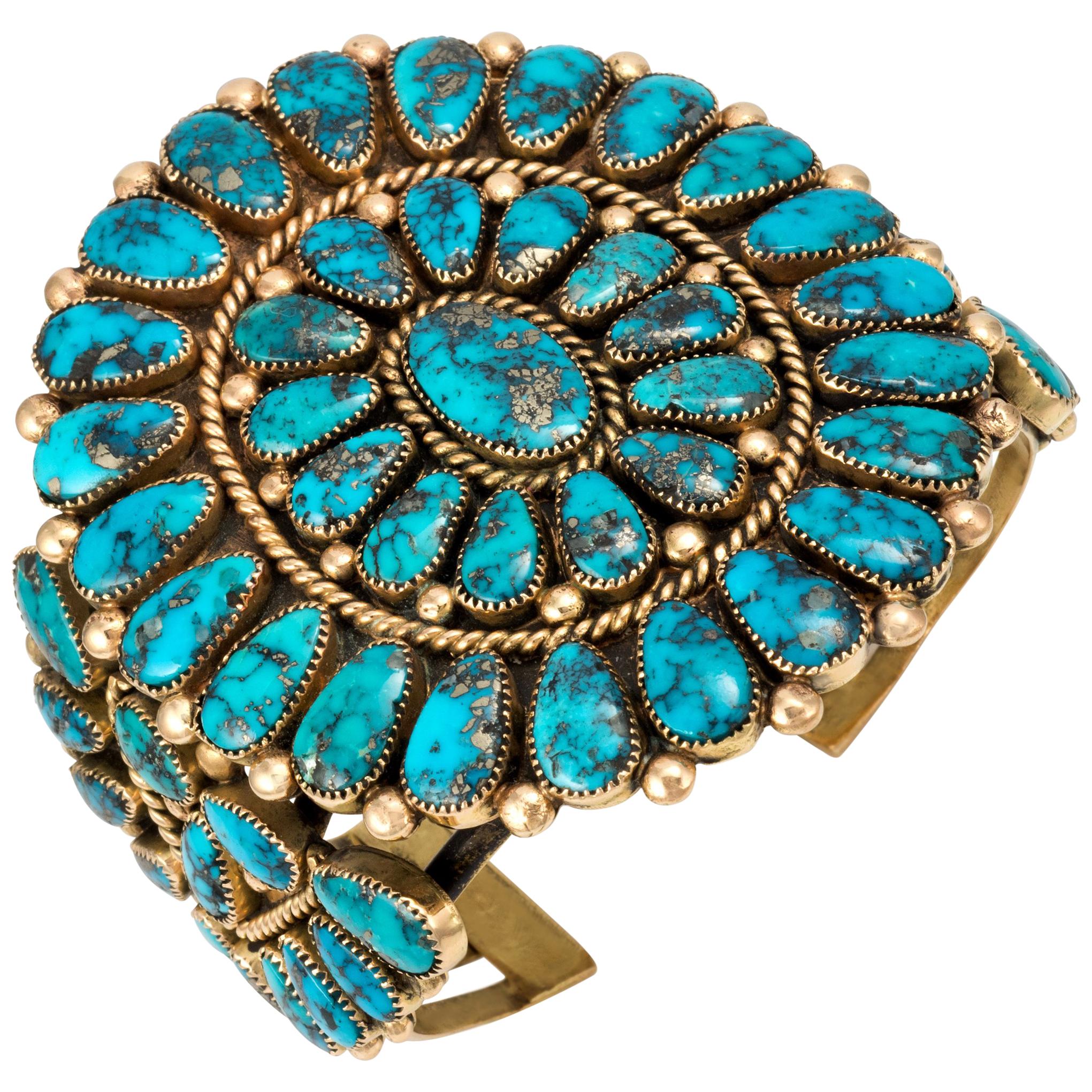 1980s Rare Alice Quam Fine Morenci Turquoise and Gold Cuff