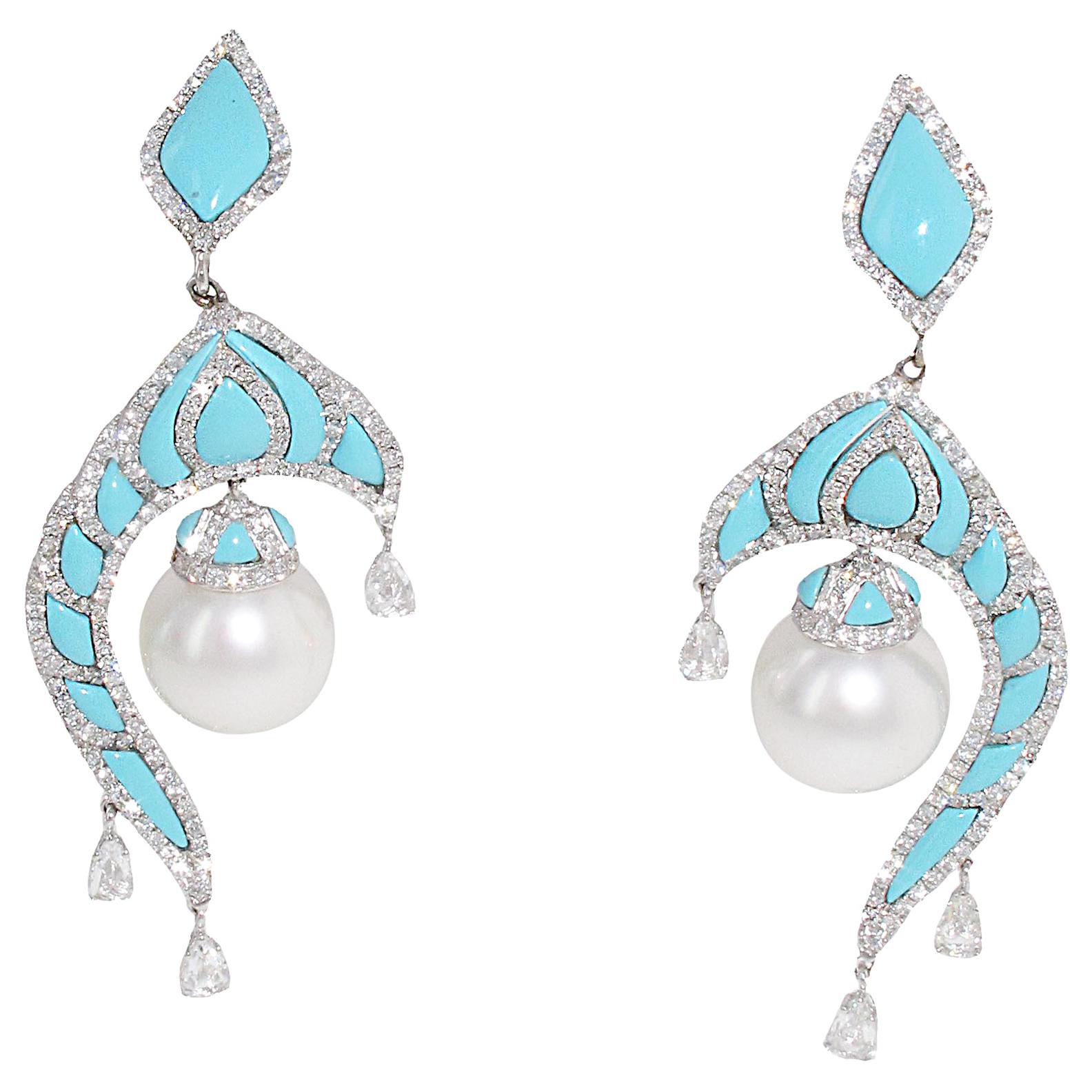 Turquoise, Diamond and 18 Karat White Gold Pearl Dangle Earrings