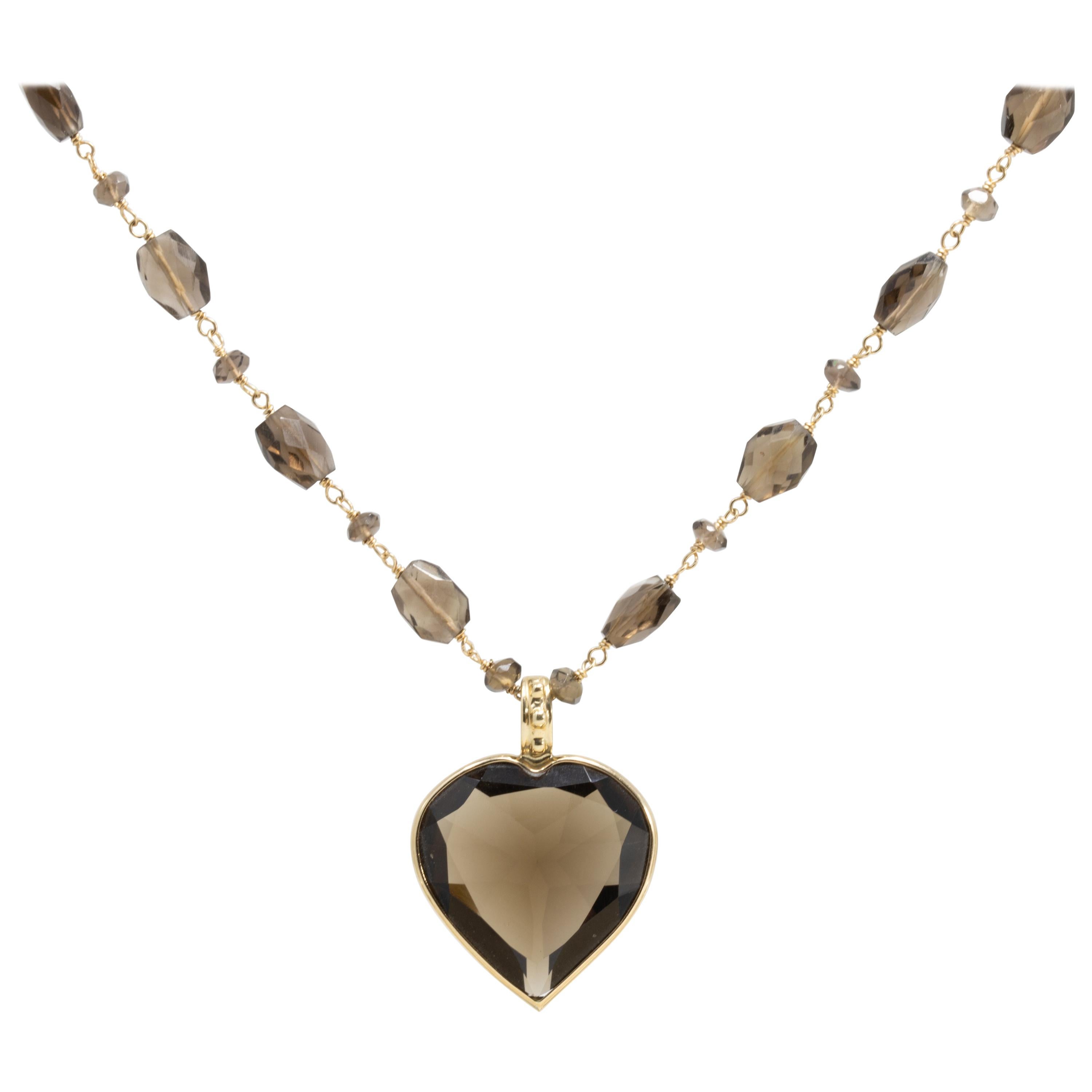 Faceted Quartz Heart Pendant and Beaded Necklace in 14 Karat Yellow Gold For Sale