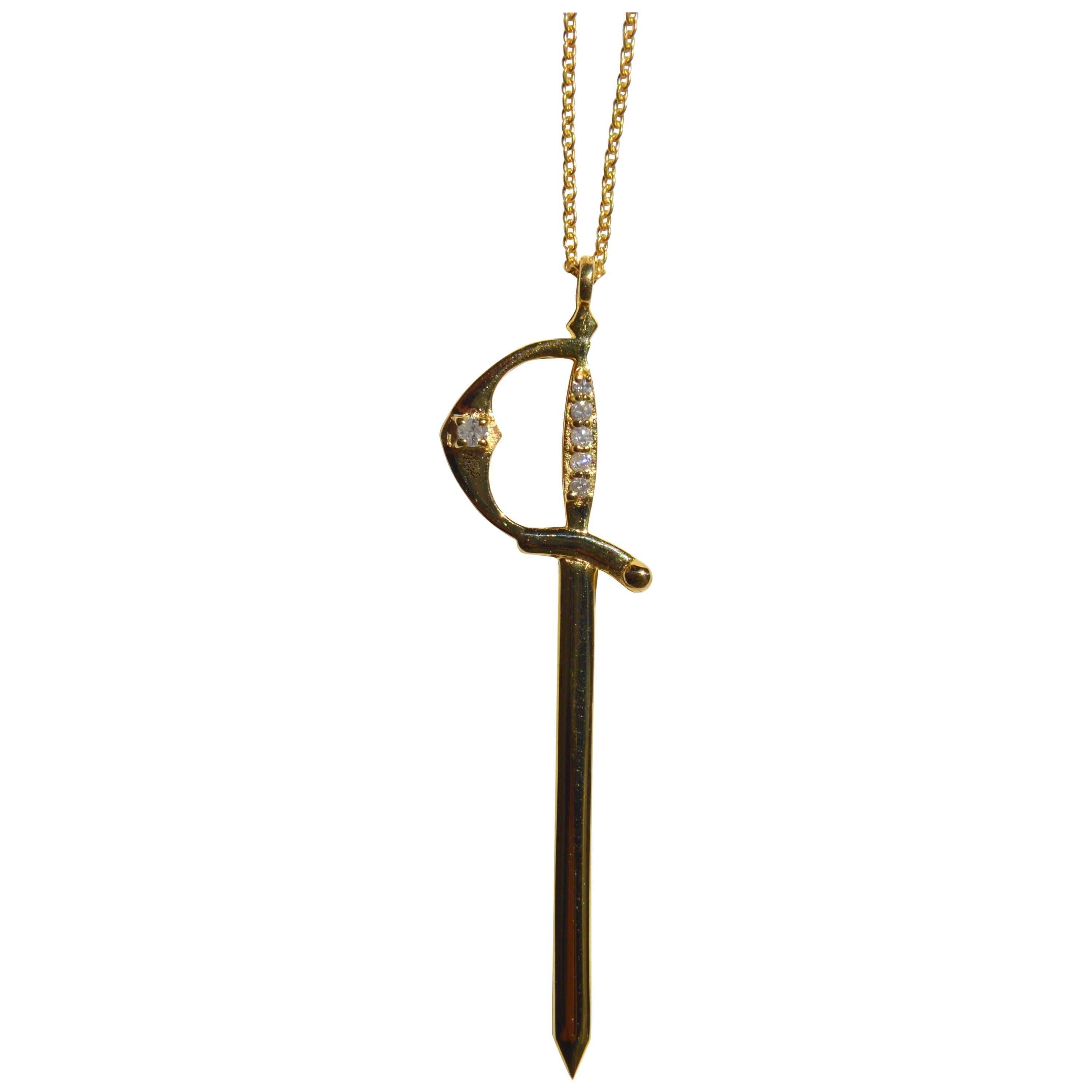 Ingram Cecil 14 Karat Gold Diamond Cocktail Sword Pendant Necklace For Sale