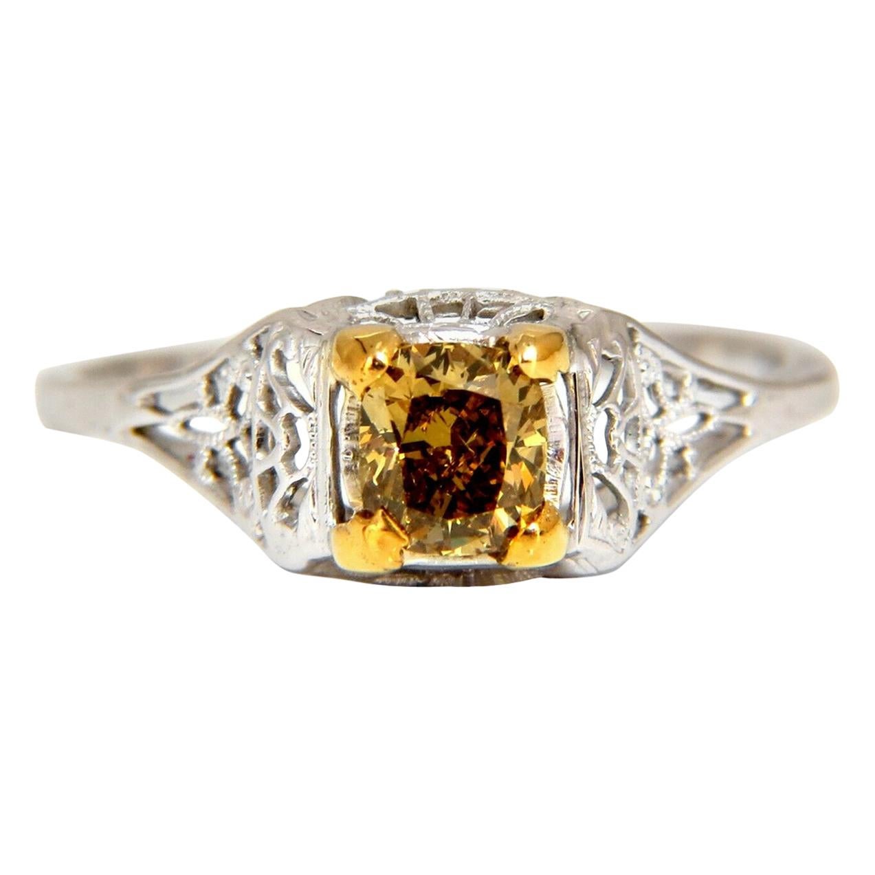 .57 Karat natürlicher Fancy Orange Brauner Diamant Vintage vergoldeter Ring 14 Karat im Angebot