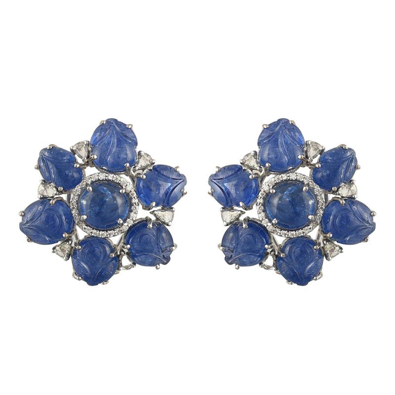 Set in 18K gold, natural Burmese Blue Sapphire carved and cabochon stud earrings