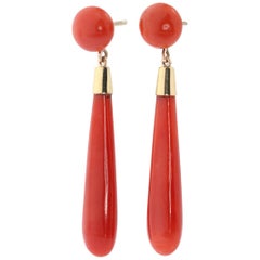 Vintage Long Pendant Gold Earrings with High Quality Blood Coral Drops
